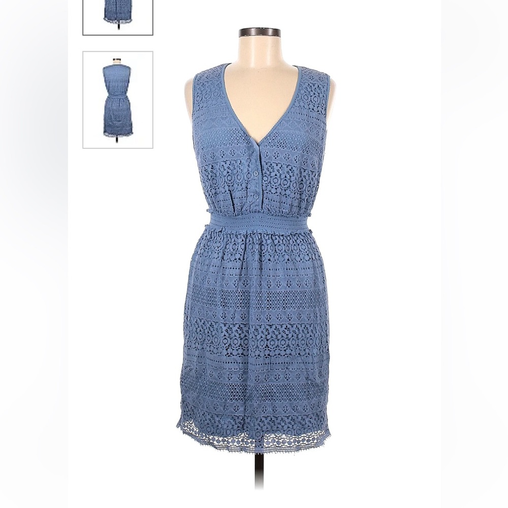 Max Studio blue v neck lace tank button-up cinched waist elastic dress - small